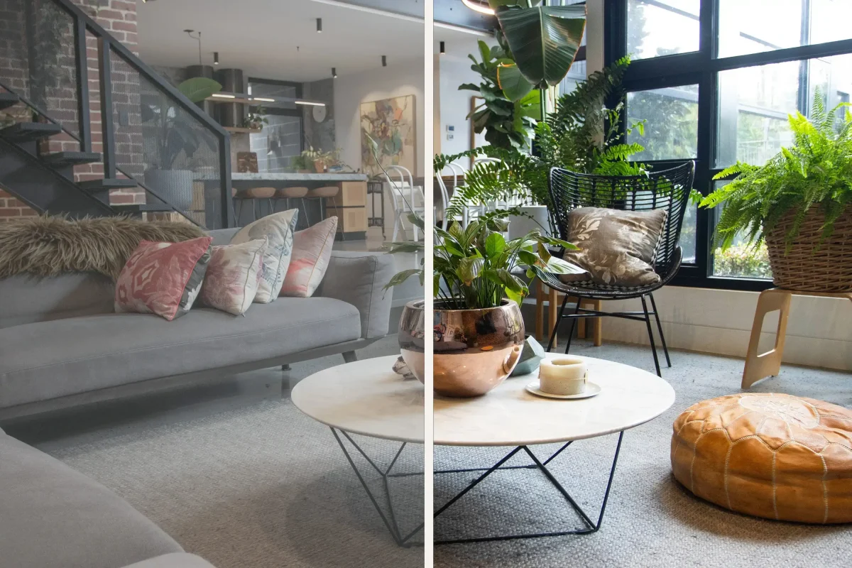 Before and after living room using photo retouching